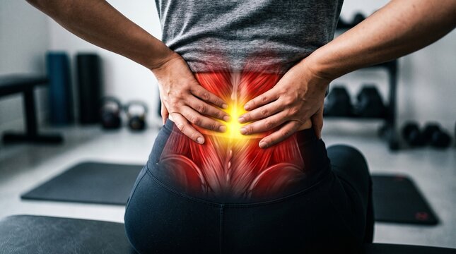 Athletic woman clutching her painful lower back in a gym, with a red muscle anatomy graphic highlighting lumbar strain, sciatica, spinal injury, or chronic back pain.