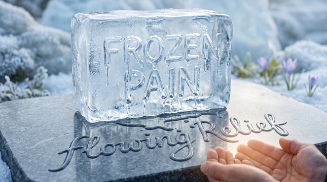 Frozen Pain ice block melting into Flowing Relief cursive water text on stone with cupped hands, representing healing, recovery, hope, and physical or emotional therapy.