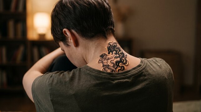 Distressed woman sitting with a neck tattoo showing a warrior fighting a shadow beast, representing mental health struggle, depression, anxiety, and inner strength.