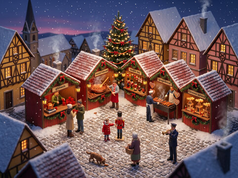 Bavarian Christmas market snow timber-frame stalls miniature diorama isometric Germany Nuremberg