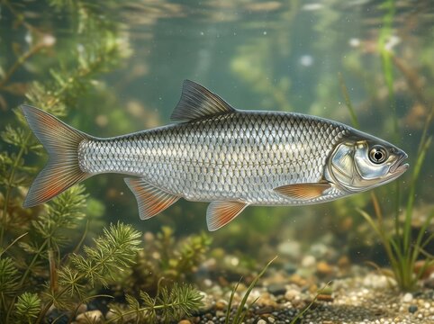 A beautiful silver chub fish swimming underwater among green aquatic plants in a clear river