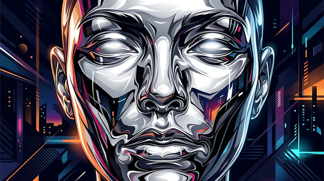 Futuristic Metallic Chrome Android Face with Neon Lights in a Cyberpunk Digital Cityscape