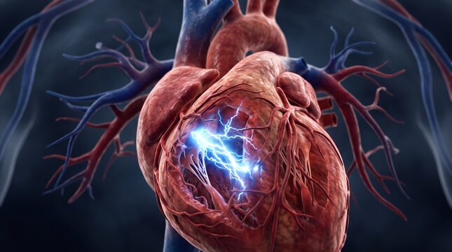 Human heart anatomy with electrical lightning impulses inside, representing cardiac arrhythmia, ventricular fibrillation, heart attack, and cardiovascular medical condition.