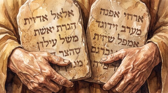 Hands holding two stone tablets with ancient Hebrew text. Old Testament Moses and Ten Commandments concept. Watercolor illustration of the law of God