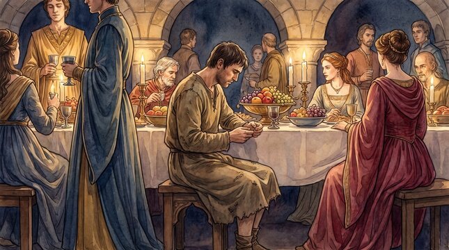 Parable of the wedding feast with guest in improper garment. Biblical banquet scene with elegant guests and candles. Watercolor illustration