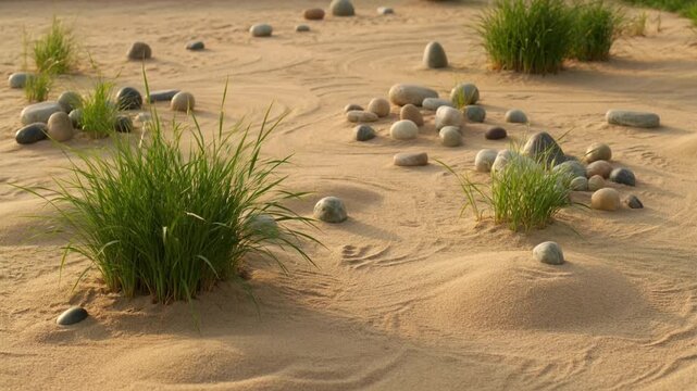 Zen garden with raked sand patterns stones and green grass tufts tranquility meditation landscape minimalist boulders
