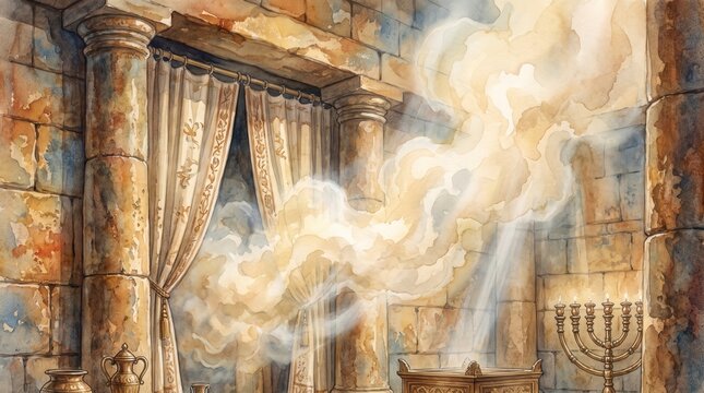 Cloud of glory filling an ancient stone temple sanctuary. Watercolor illustration of Old Testament tabernacle with menorah and golden light
