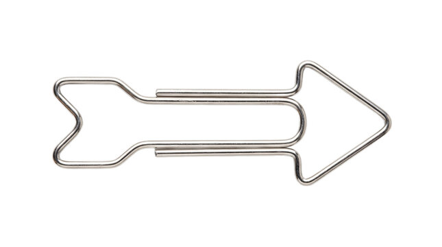 Metal arrow shaped paperclip, silver office supply, directional clip, stationery accessory