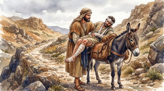 Kind man lifting an injured traveler onto his donkey on a dangerous road. Biblical Parables Good Samaritan theme. Watercolor illustration