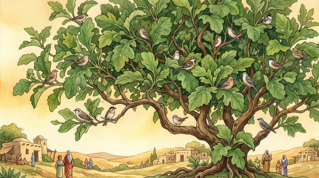 Giant green mustard tree with birds resting in branches. Biblical parable of the kingdom of heaven watercolor. Growth and shelter concept