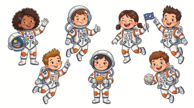 Collection of happy children wearing astronaut suits