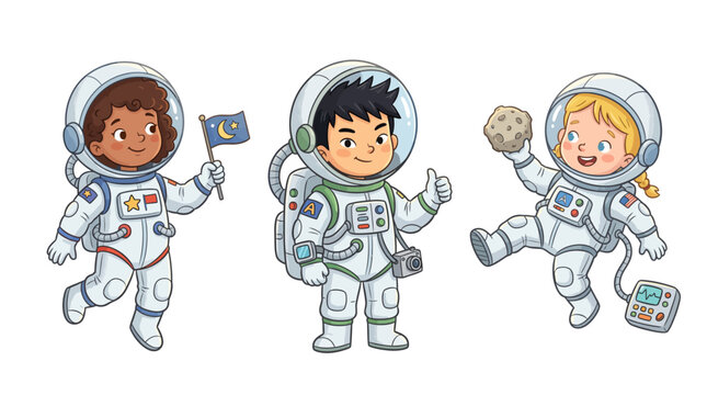 Happy children in astronaut suits with space props