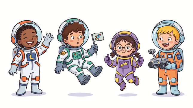 Diverse kids wearing space astronaut suits illustration