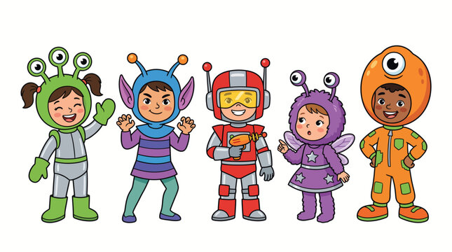 Diverse children wearing funny alien monster costumes
