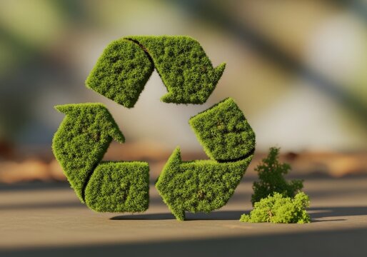 Recycling icon made of green moss on stone surface