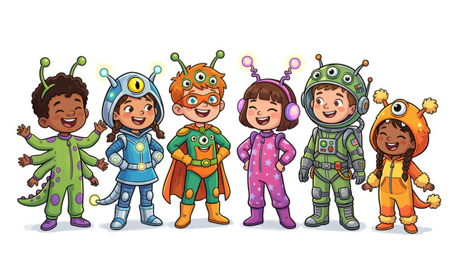 Diverse children in fun monster and alien costumes