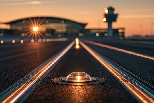 Low angle shot of runway lights fading into sunset