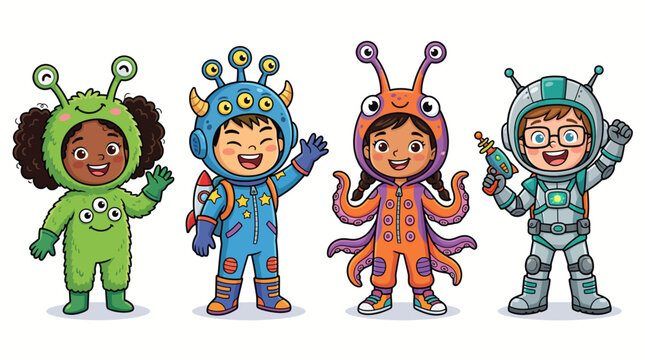 Children wearing imaginative alien space costumes