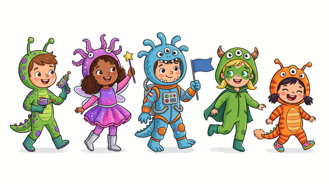Group of happy children wearing colorful alien costumes