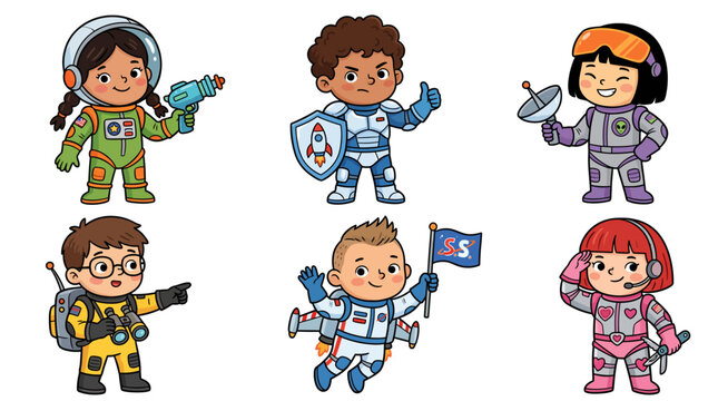 Ilustraciones de ni&ntilde;os peque&ntilde;os con disfraces de trajes espaciales.