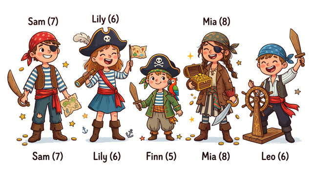 Group of cute pirate children characters with treasure