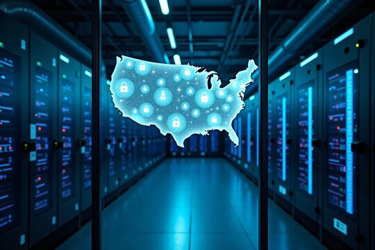 Digital network security concept with glowing United States map and padlock icons representing cybersecurity protection and data safety in server room environment