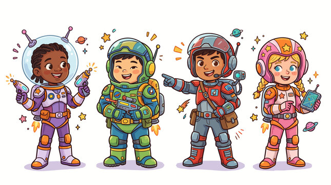 Children in colorful space suits exploring cosmos