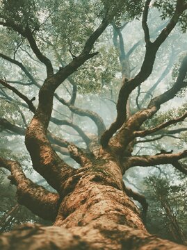 Majestic ancient tree viewed from the base with twisting trunk reaching into misty forest canopy Atmosphere of untouched wilderness