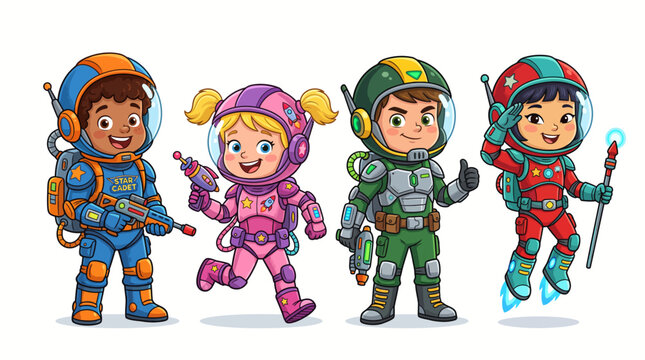 Four happy children dressed as space explorers