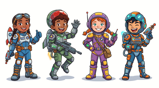 Set of cartoon astronaut children in space suits