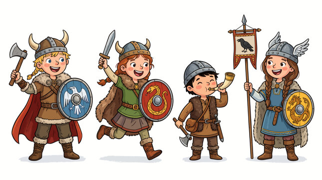 Group of cartoon viking children warriors standing