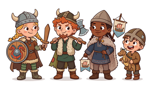 Cartoon viking children characters with weapons, children