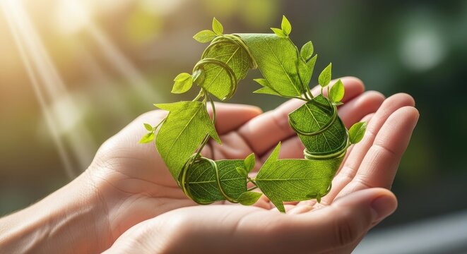 Side view of hands holding leafy recycling icon