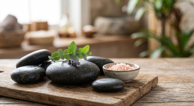 Pietre nere da massaggio con sali rosa e foglie aromatiche. Generative AI