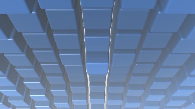 3D Seamless Loop Cube Tessellation Undulating in Blue. Modular Rounded Cubes Abstract Motion Graphic Background.