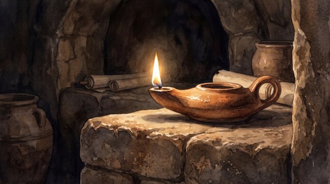 Burning clay oil lamp on a stone ledge. Watercolor illustration of ancient scrolls and pottery in a dark room representing biblical prophets