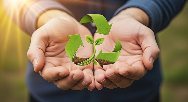 Hands holding leaf recycle symbol with small sprout
