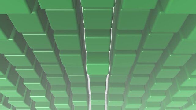 3D Seamless Loop Cube Tessellation Undulating in Green. Modular Rounded Cubes Abstract Motion Graphic Background.