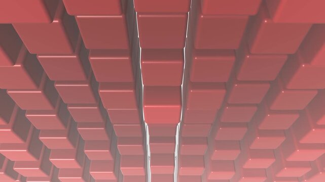 3D Seamless Loop Cube Tessellation Undulating in Red. Modular Rounded Cubes Abstract Motion Graphic Background.