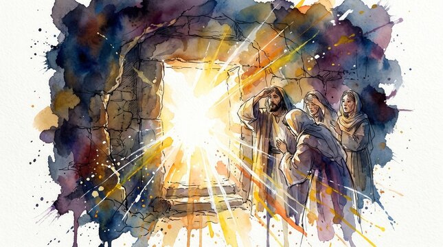 Bright light beaming from open empty stone tomb. Biblical resurrection of Jesus Christ scene. Watercolor illustration of disciples at the tomb entrance