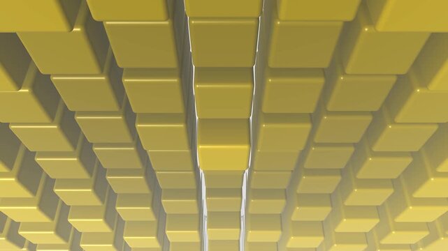 3D Seamless Loop Cube Tessellation Undulating in Yellow. Modular Rounded Cubes Abstract Motion Graphic Background.