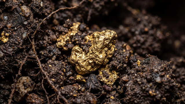 Extreme macro close-up of raw gold nugget texture, shiny yellow precious metal surface detail and wealth concept background.