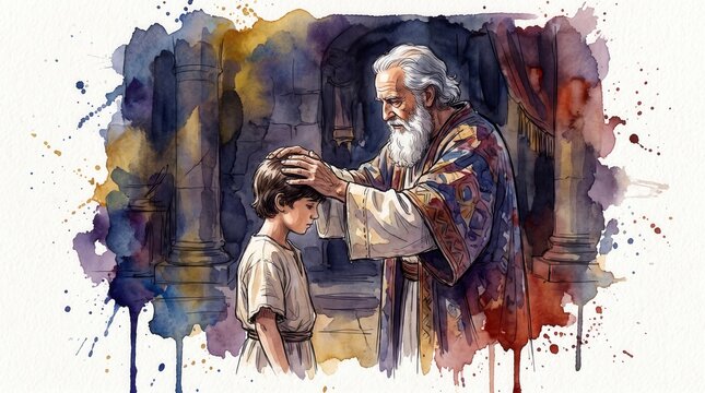 Priest Eli blessing young Samuel in the temple. Old Testament biblical scene. Watercolor illustration of blessing and dedication