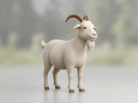 Cute white goat character with horns and beard standing in a soft focus outdoor setting