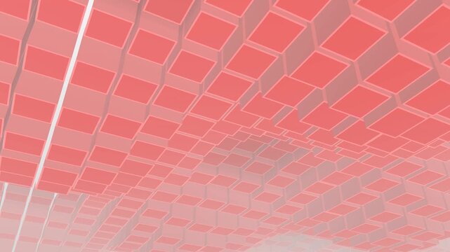 3D Seamless Loop Pixel Mosaic with Undulating Voxel Blocks in Red. Cyber Digital Grid Abstract Motion Background.