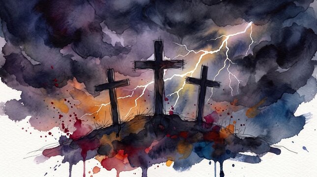 Silhouette of three crosses on hill against dark stormy sky with lightning. Watercolor illustration of crucifixion. New Testament Passion of Christ theme