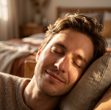 Peaceful Young Man Sleeping Comfortably at Home in Morning Light