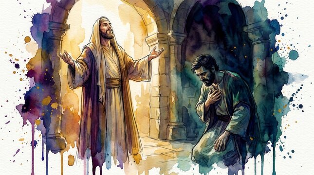 Pharisee praying proudly in a temple while a tax collector kneels in repentance. Biblical parable of humility and pride