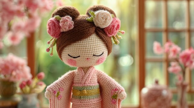 Adorable crochet doll dressed in a pink kimono with floral accessories, showcasing handcrafted yarn texture, set against a soft blurred background with cherry blossoms