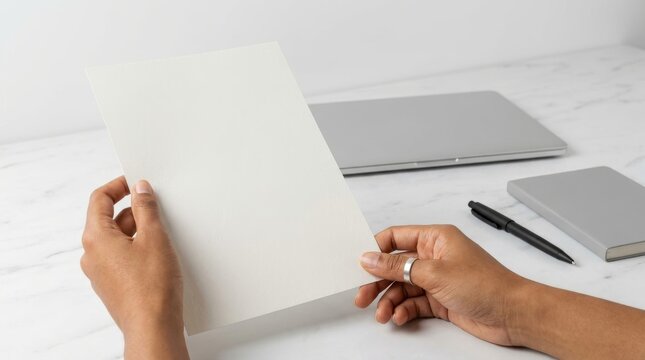 Hands holding blank white paper over minimalist marble workspace with laptop and notebook for design mockup